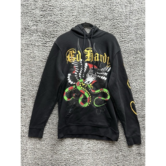Ed Hardy Hoodie Mens Extra Small Eagle Snake Skull Flame Black Grunge Skater Y2K - Picture 1 of 8